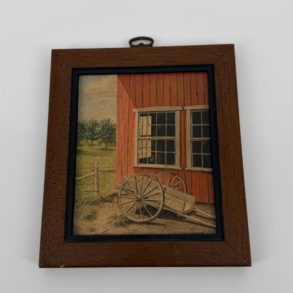Vintage 1950s Framed Farmhouse Scene Red Barn Wheelbarrow Wood Frame 8x7